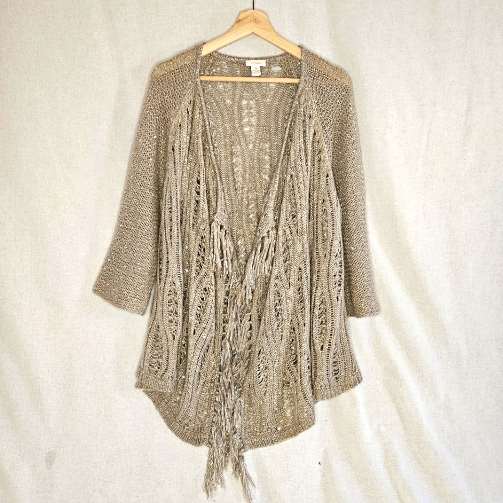 Chicos fringe cardigan sweater in beige and sequins size womens XL